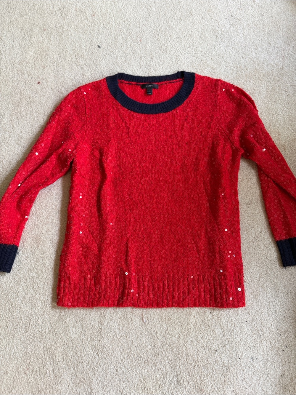 J. Crew Red Sequin Crewneck Sweater with Navy Trim